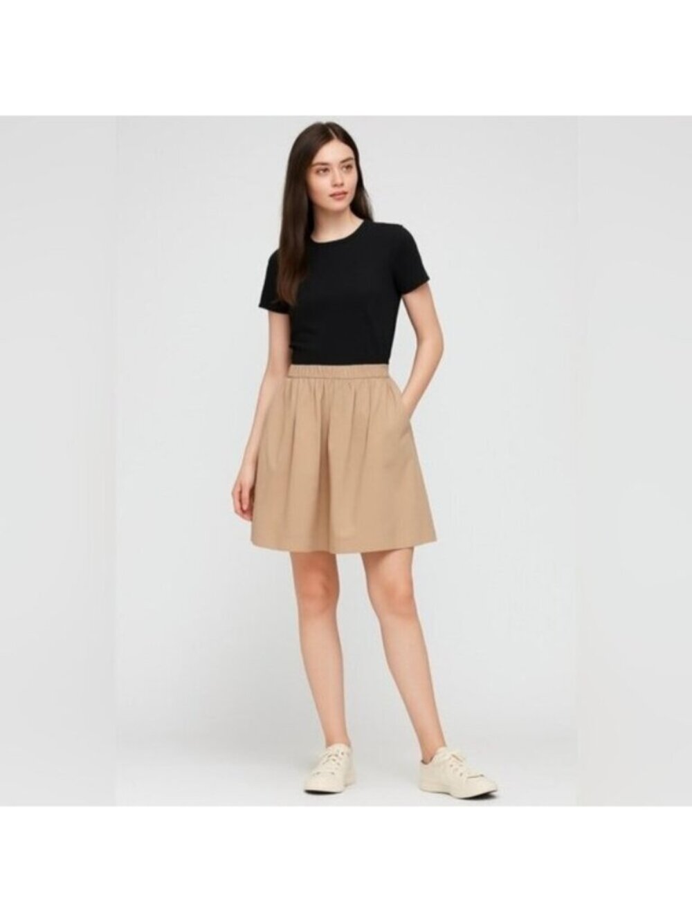 Uniqlo XS Beige A-Line Midi Skirt with Elastic Waist